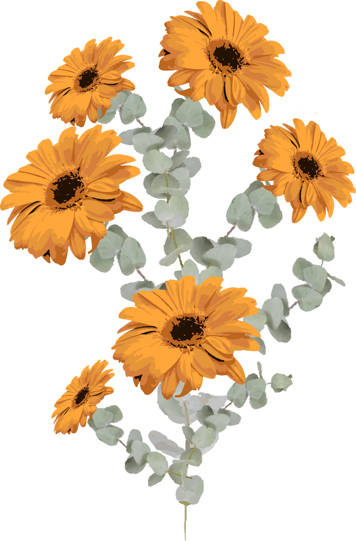 Transparent Flat Style Orange Daisies with Eucalyptus for Natural Décor