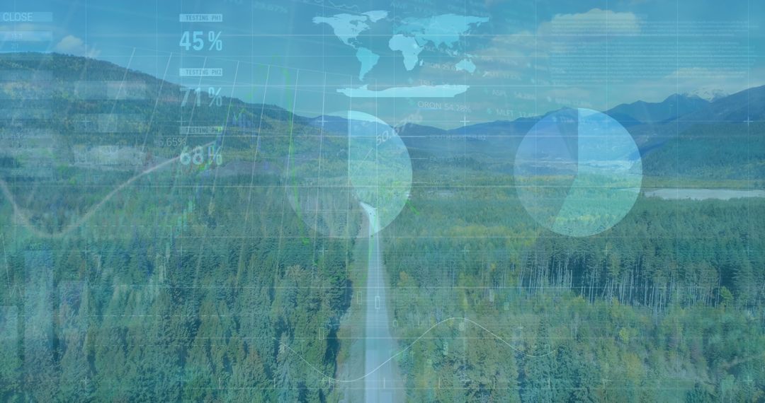 Forested Road with Data Visualization Overlays Merging Nature and Technology