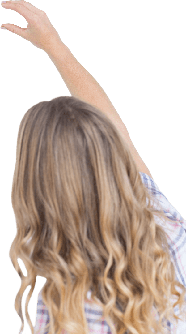 Young Woman Pointing With Open Arm Transparent Background