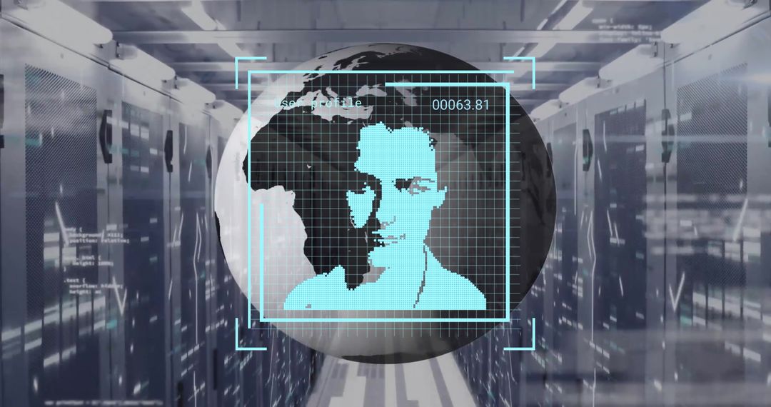 Futuristic Digital Interface with Globe and Server Room Overlay