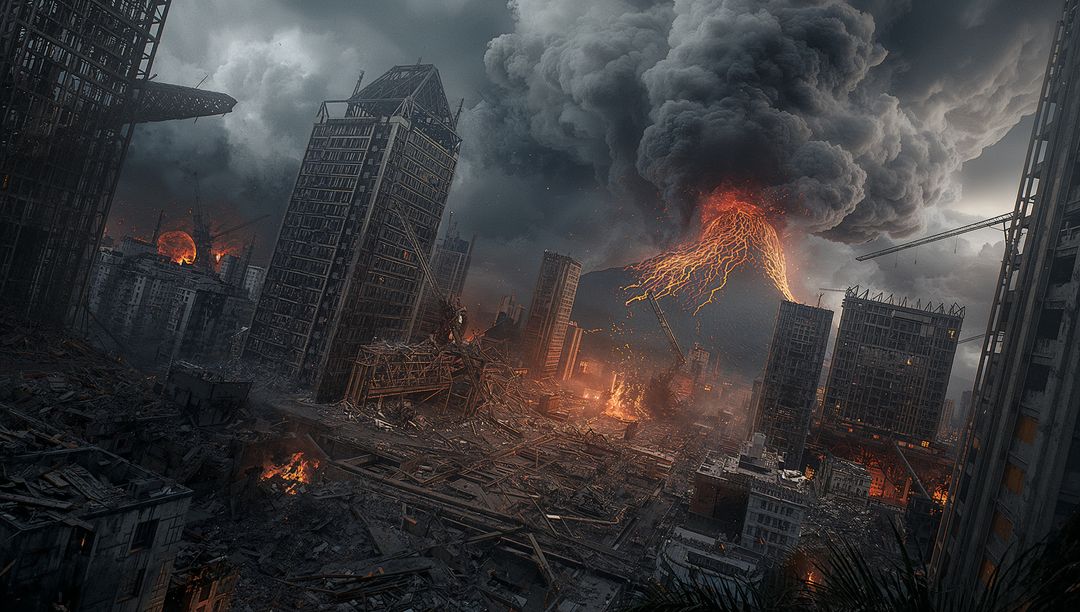 Apocalyptic City Ruin with Erupting Volcano and Collapsed Buildings
