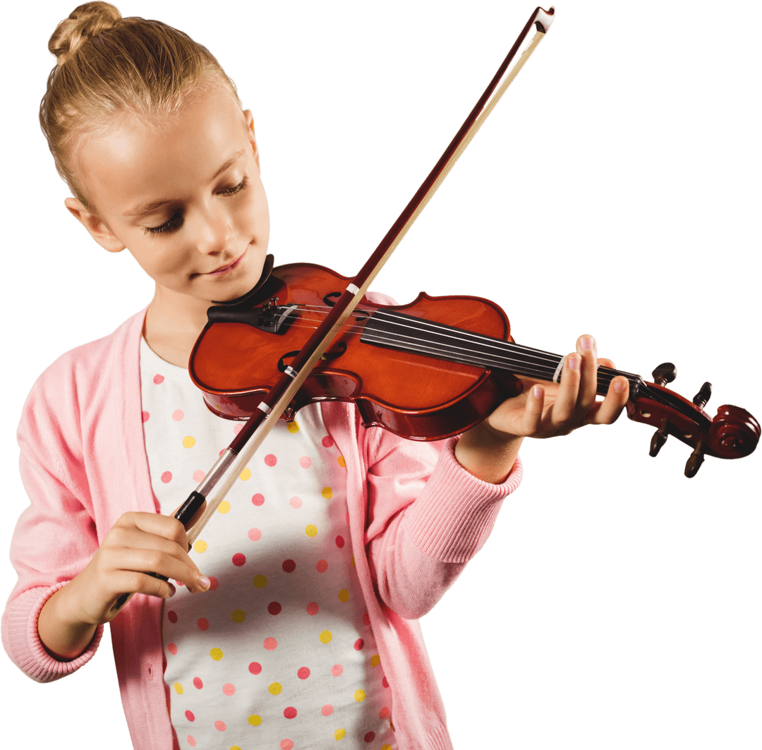 Caucasian Girl Happily Playing Violin on Transparent Background