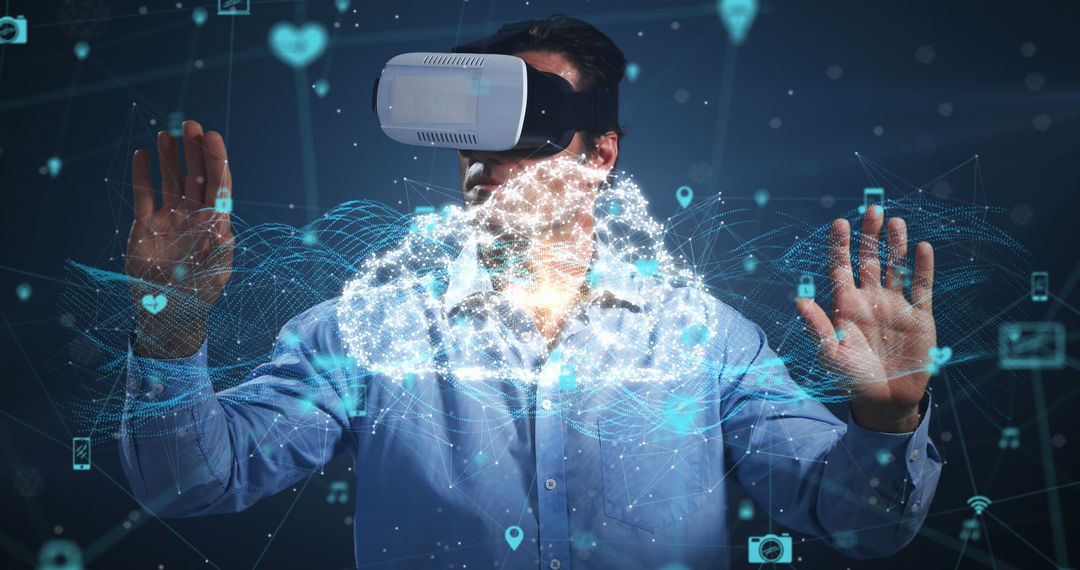 Image of digital interface with icons and network of connections with man wearing VR headset - Free Images, Stock Photos and Pictures on Pikwizard.com
