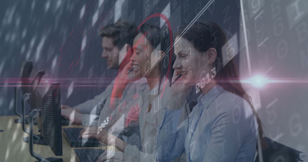 Customer Support Agents Collaborating in Office with Digital Overlay