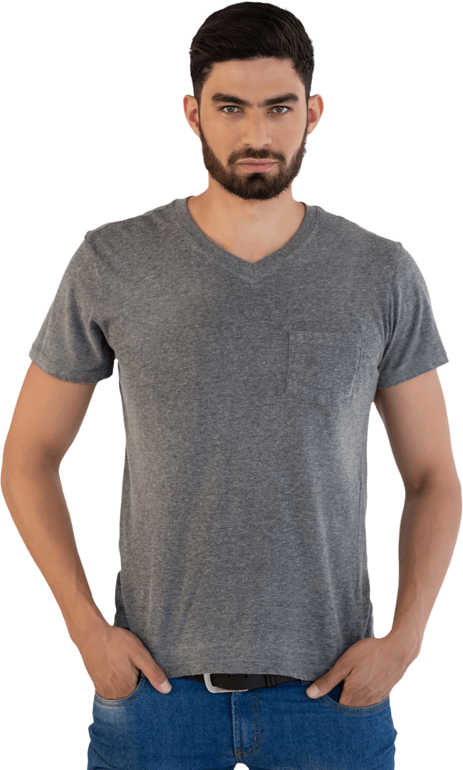 Transparent Image of Man Posing with Hands in Pockets Wearing Grey T-shirt