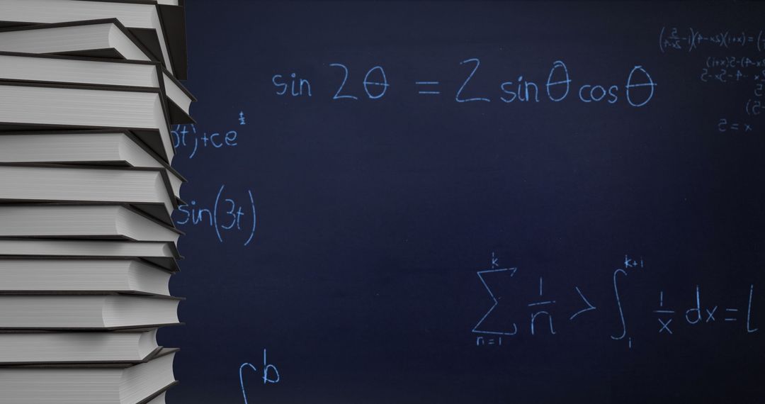 Books Piled High with Animated Mathematics on Chalkboard