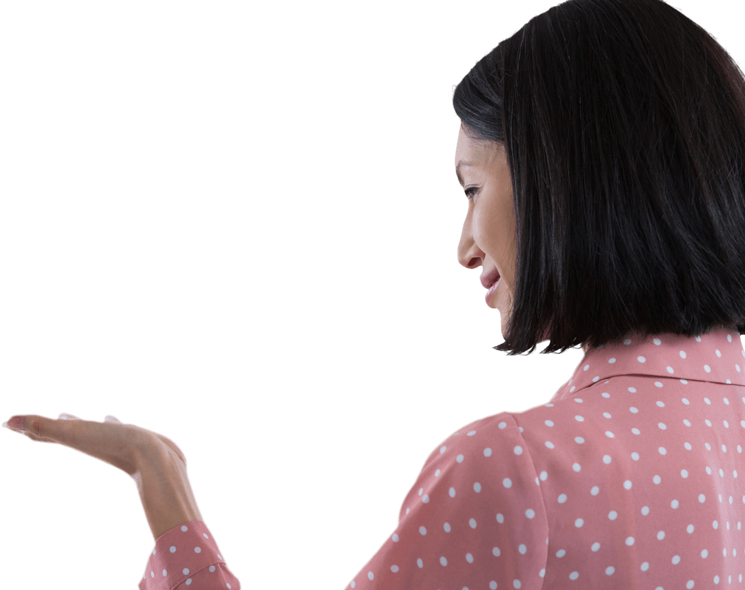 Smiling Woman with Outstretched Palm on Transparent Background