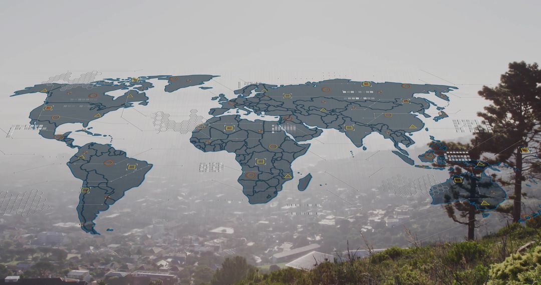 Global Digital Map Interface Over Scenic Foggy Valley Landscape