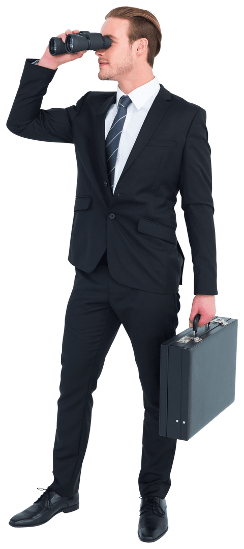 Transparent Businessman Holding Binoculars and Briefcase