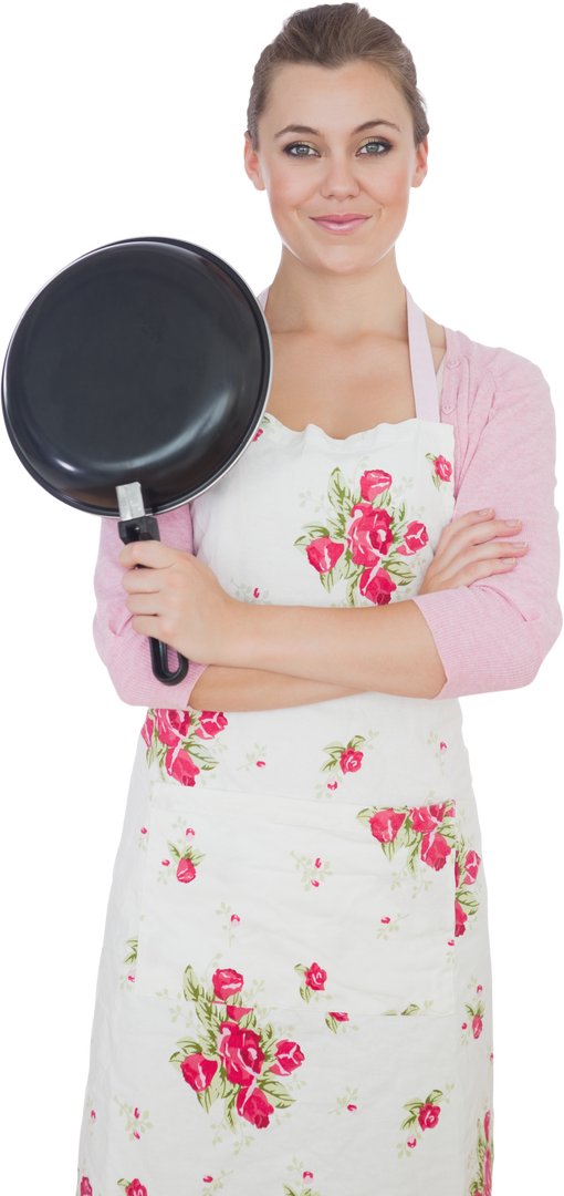 Smiling Woman in Floral Apron Holding Frying Pan on Transparent Background - Download Free Stock Images Pikwizard.com