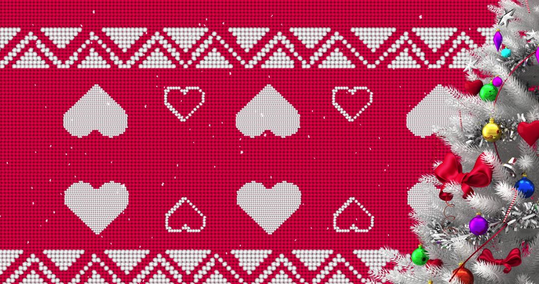 Festive Christmas Tree with Red Heart Pattern Background