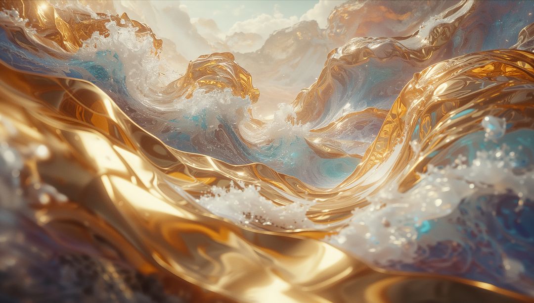 Golden Swirling Liquid Mixing with Water Foam in Abstract Surrealism