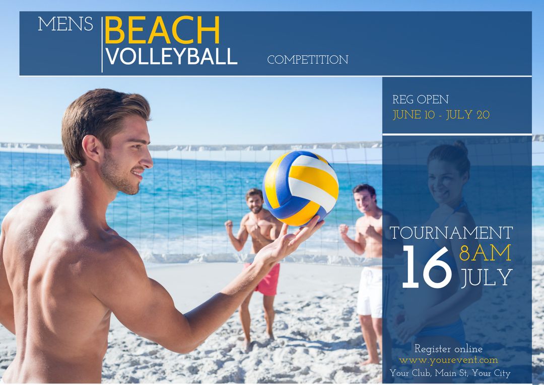 Mens Beach Volleyball Tournament Flyer with Player and Summer Beach Theme - Download Free Stock Templates Pikwizard.com