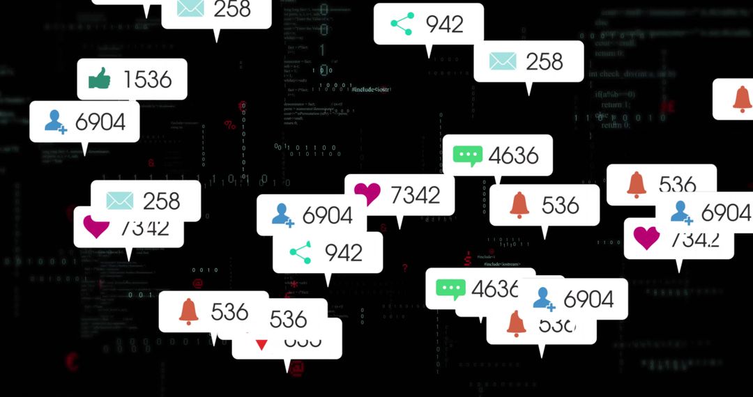 Floating Social Media Notifications on Code Matrix Background