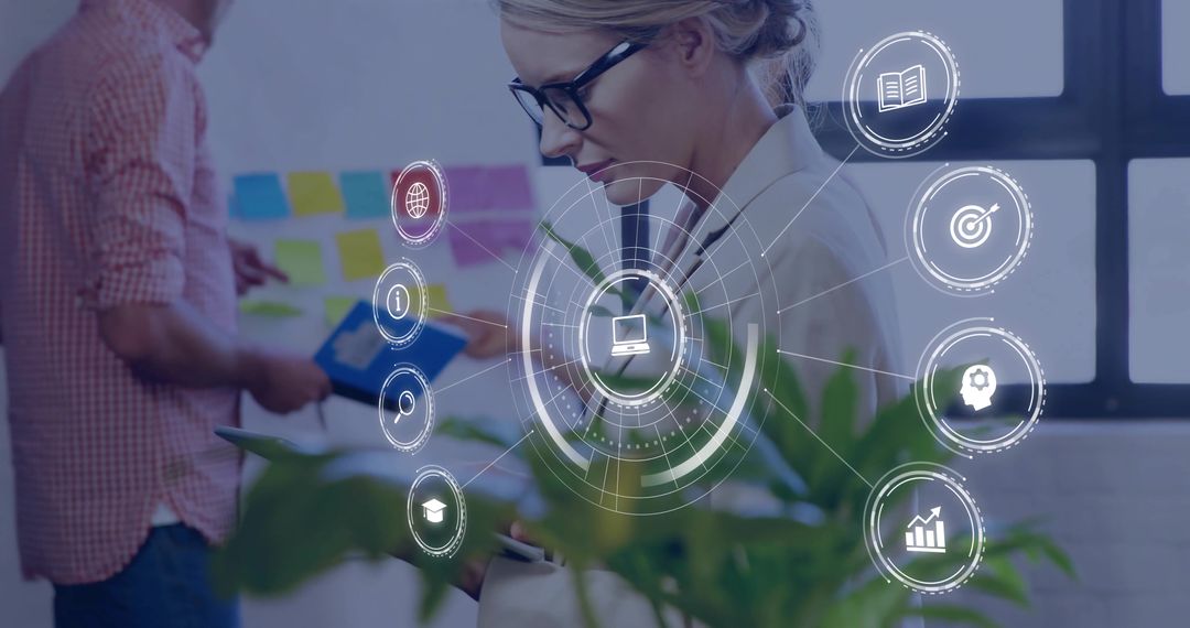 Modern Female Professional Analyzing Data with Digital Interface