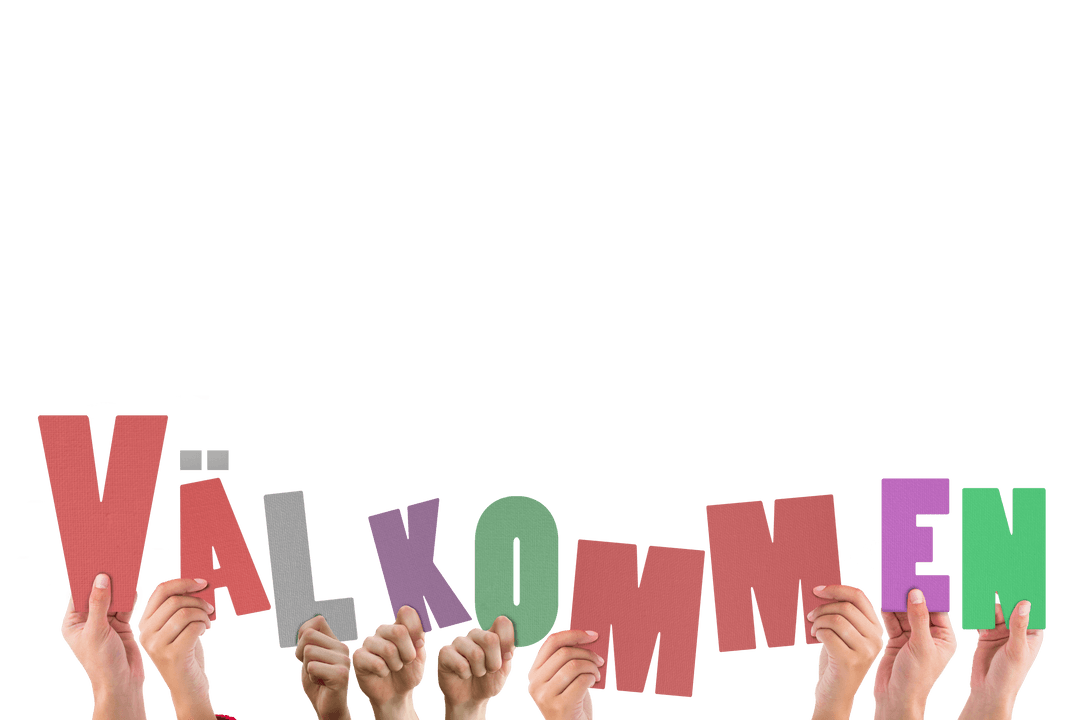 Hands Holding Välkommen Sign on Transparent Background