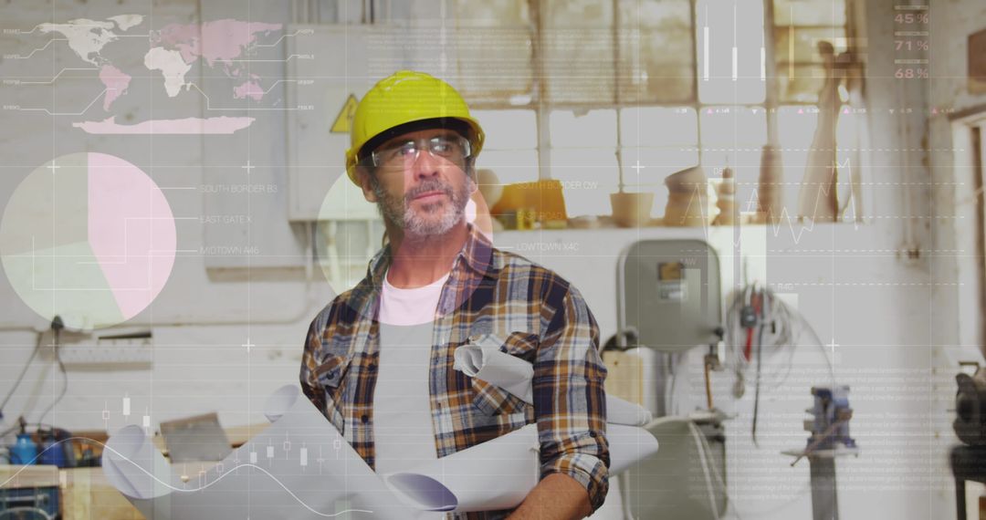 Engineer Reviewing Blueprints in Industrial Workshop