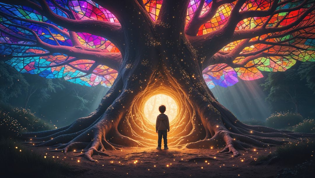 Child approaching mystical glowing dreaming tree portal in lush forest