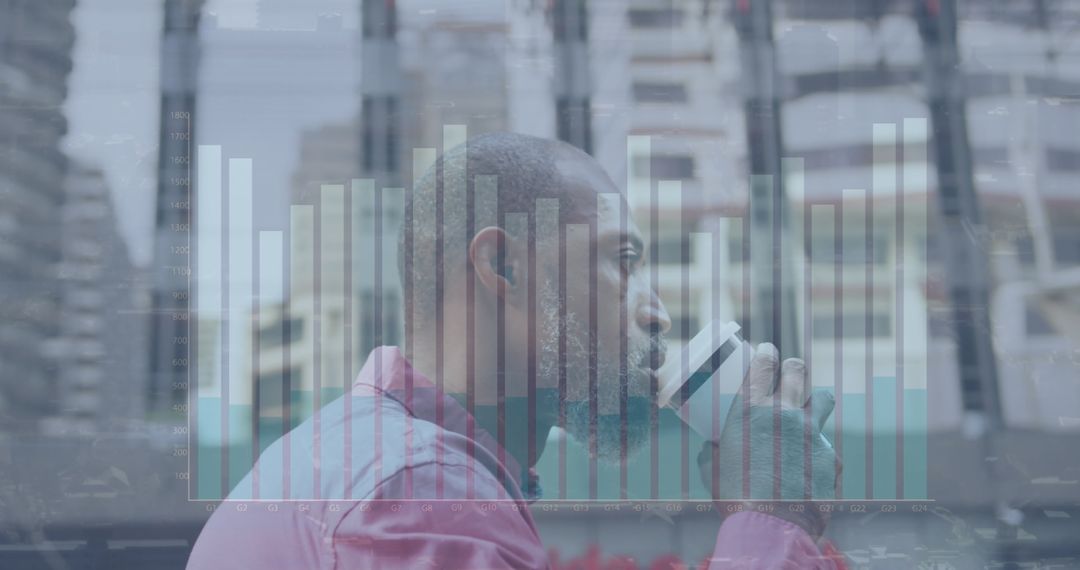 Senior Businessman Enjoying Coffee with Financial Graph Overlay