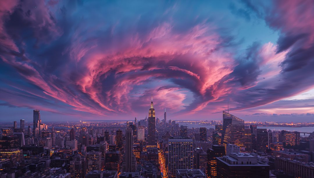 Swirling Vortex Over Midtown Skyline at Vibrant Twilight