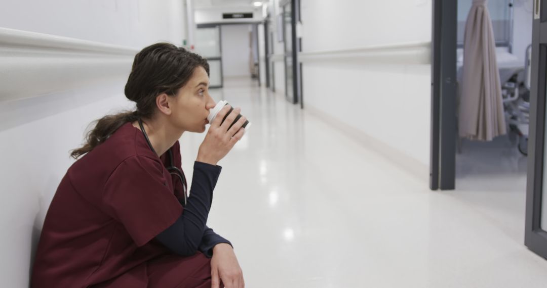 Tired Healthcare Worker Taking Break in Hospital Corridor - Free Images, Stock Photos and Pictures on Pikwizard.com