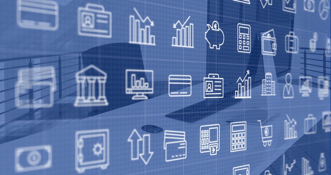 Digital Data Icons Overlaying Modern Office Environment