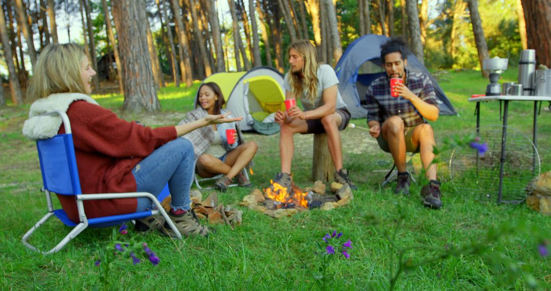 Friends Enjoying Campfire Outdoors in Woods, Relaxing in Nature - Free Images, Stock Photos and Pictures on Pikwizard.com