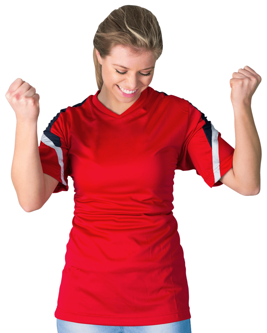 Ecstatic Female Fan Celebrating Victory in Transparent Red Jersey
