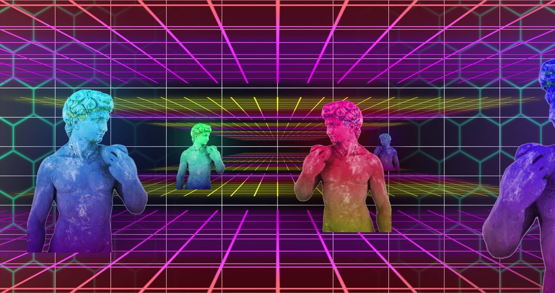 Colorful Glitched Sculptures with Futuristic Grid Background