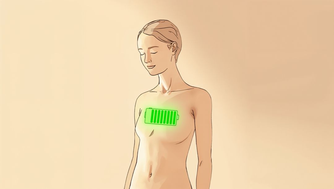 Standing woman with serene expression and glowing green battery symbol on chest, soft beige