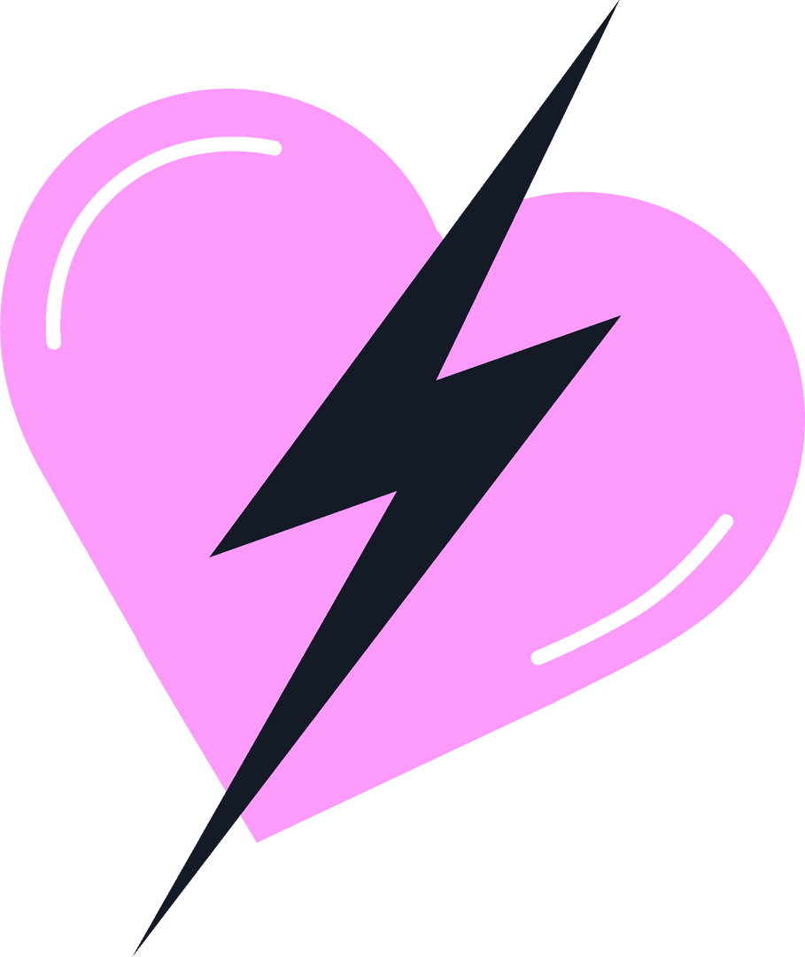 Flat Pink Heart with Black Lightning Bolt on Transparent Background