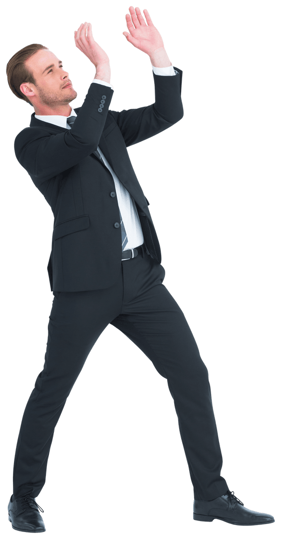 Confident Businessman Lifting Invisible Object Transparent Placeholder