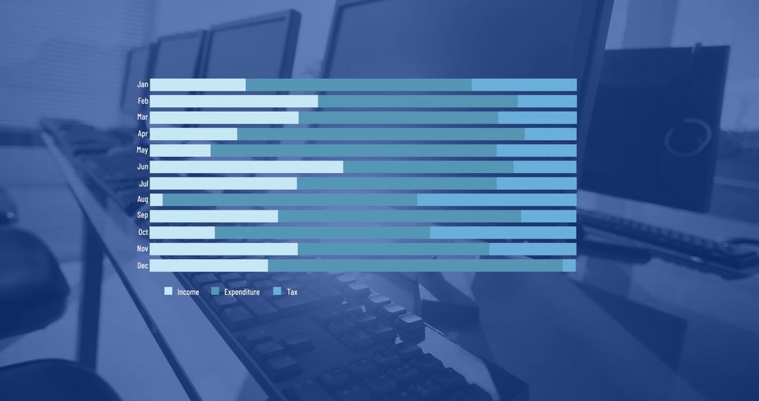 Data Visualization Overlaid on Office Computers in Modern Workspace