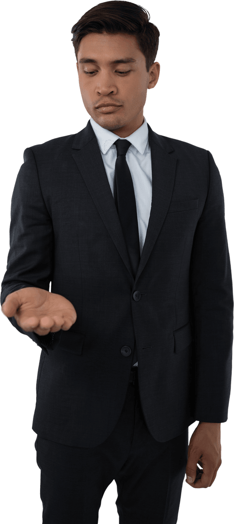 Thoughtful Businessman Examining Empty Palm Isolated on Transparent Background