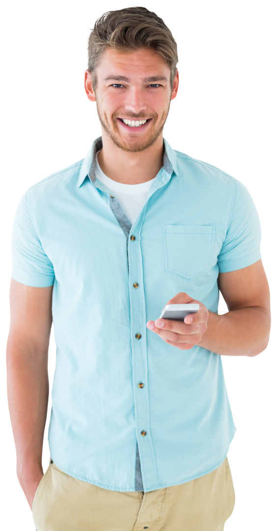 Transparent Young Man Smiling and Typing on Smartphone in Light Blue Shirt - Download Free Stock Images Pikwizard.com