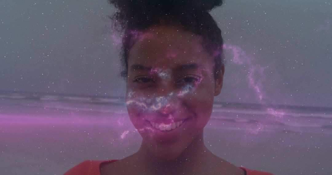Cosmic Portrait of Smiling Woman on Beach with Nebula