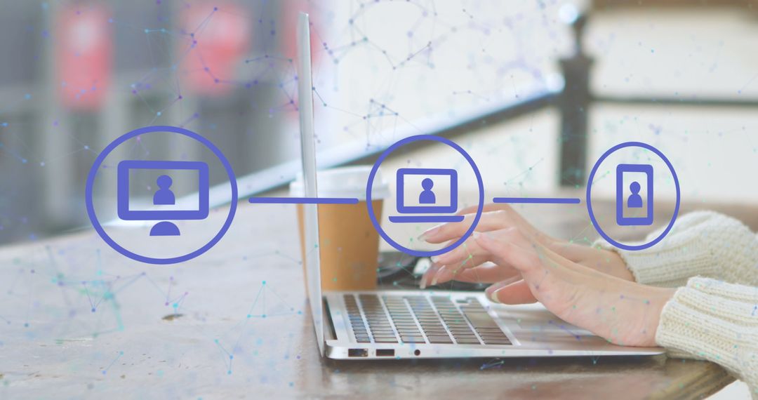 Hands Typing with Networking Icons Displayed Mid-Air