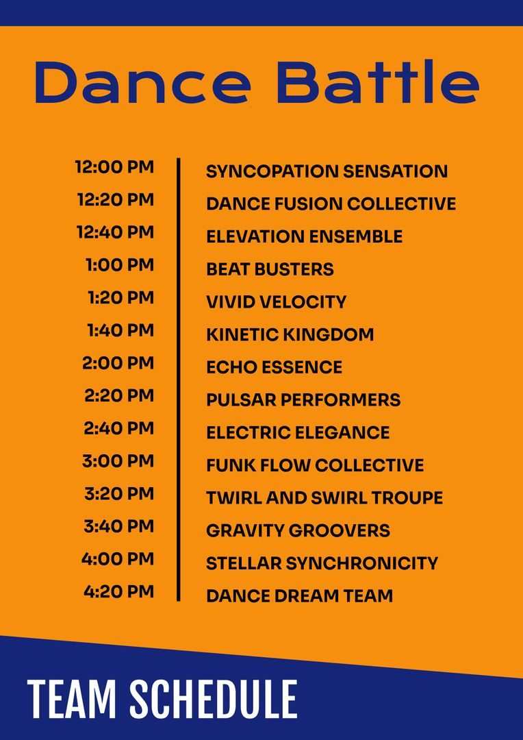 Dance Battle Team Schedule with Time Slots on Orange Background - Download Free Stock Templates Pikwizard.com