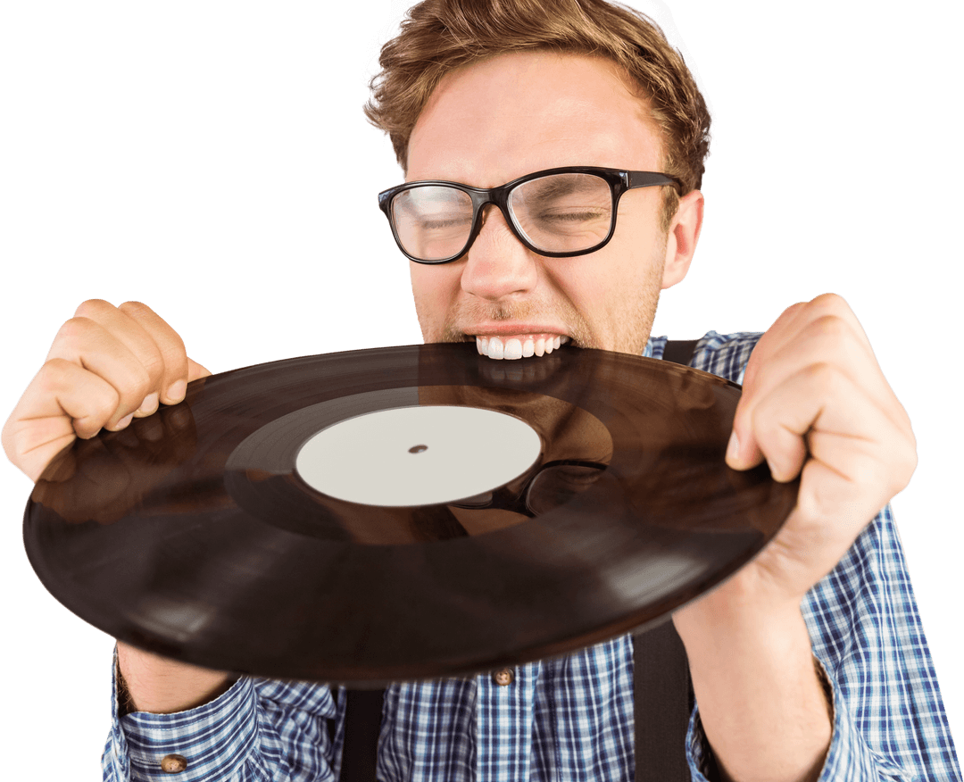 Geeky Hipster Biting Transparent Vinyl Record for Music Enthusiasts