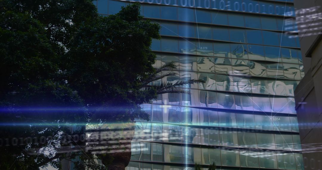 Reflecting Glass Facade with Warped Reflections, Binary Code Overlay and Blue Light Flares