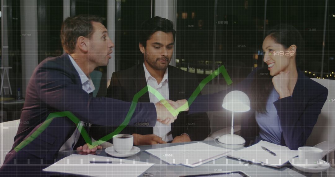 Business Colleagues Shaking Hands in Office with Rising Graph Overlay