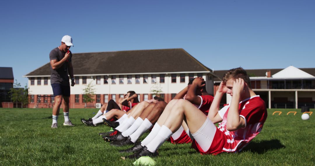 Soccer Team Performing Sit-Ups During Training Session on Field - Free Images, Stock Photos and Pictures on Pikwizard.com