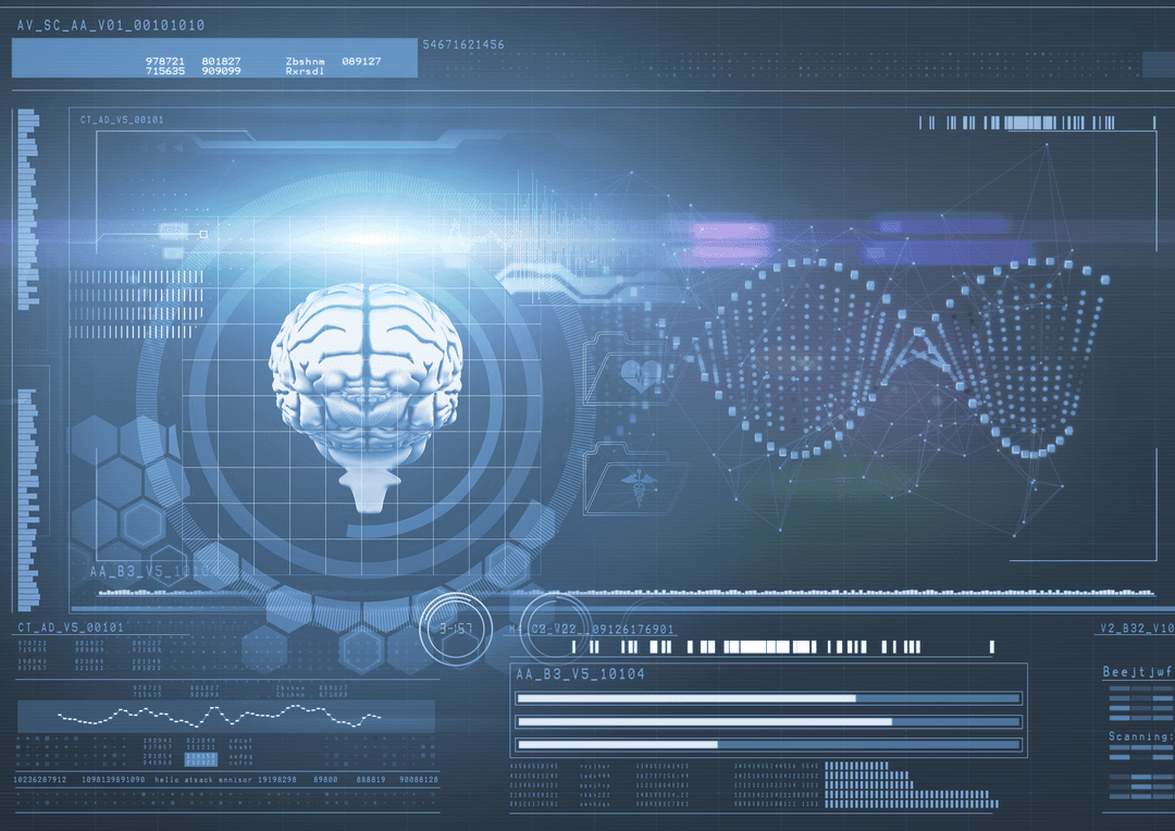 Futuristic Digital Interface with Human Brain on Transparent Background