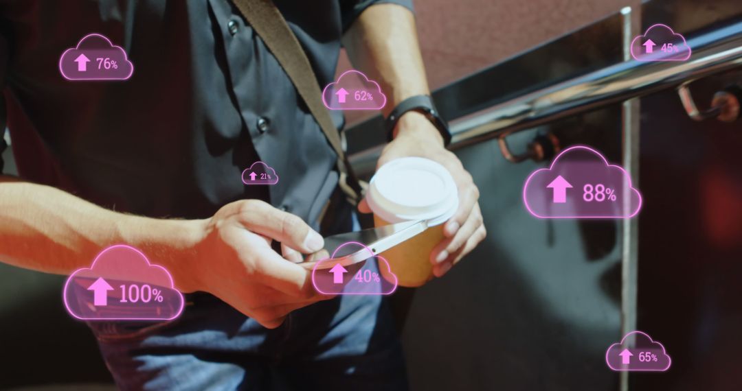 Man Using Smartphone with Coffee Cup and Cloud Technology Icons Concept - Free Images, Stock Photos and Pictures on Pikwizard.com