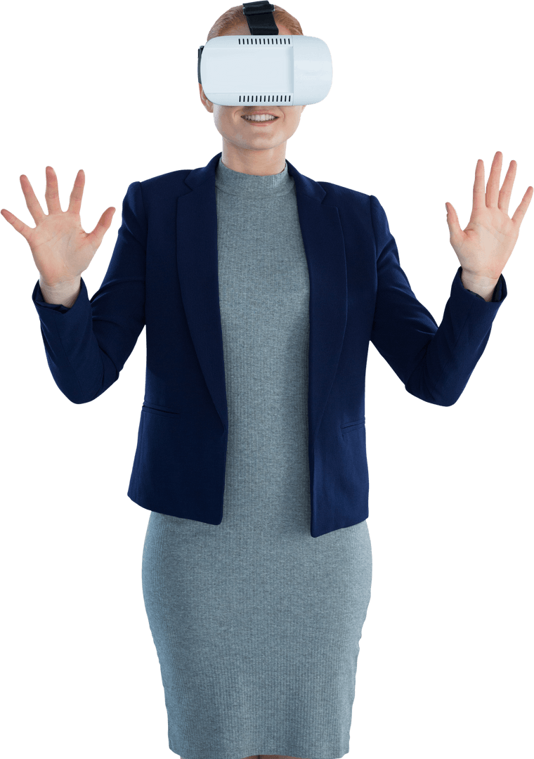 Smiling Businesswoman Exploring Virtual World with VR Headset Transparent