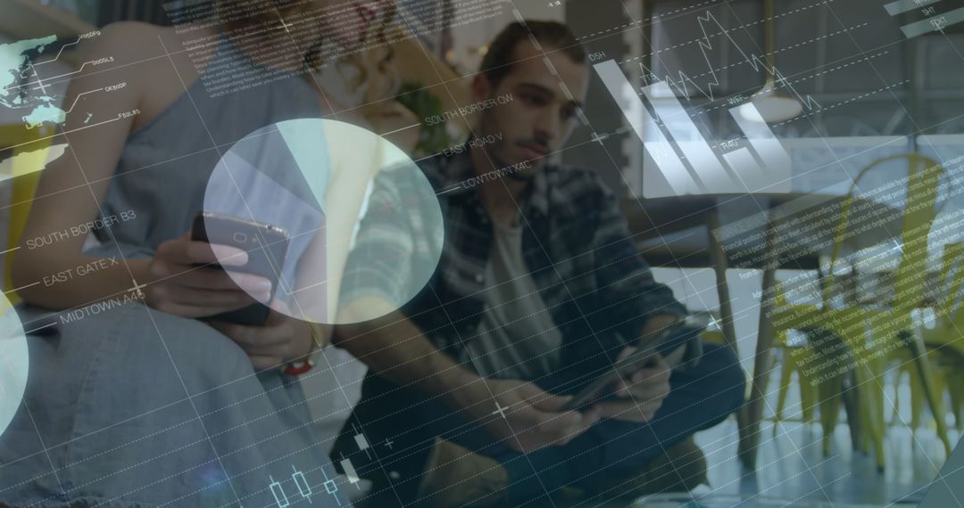 Business Professionals Analyzing Data with Digital Interface Graphics