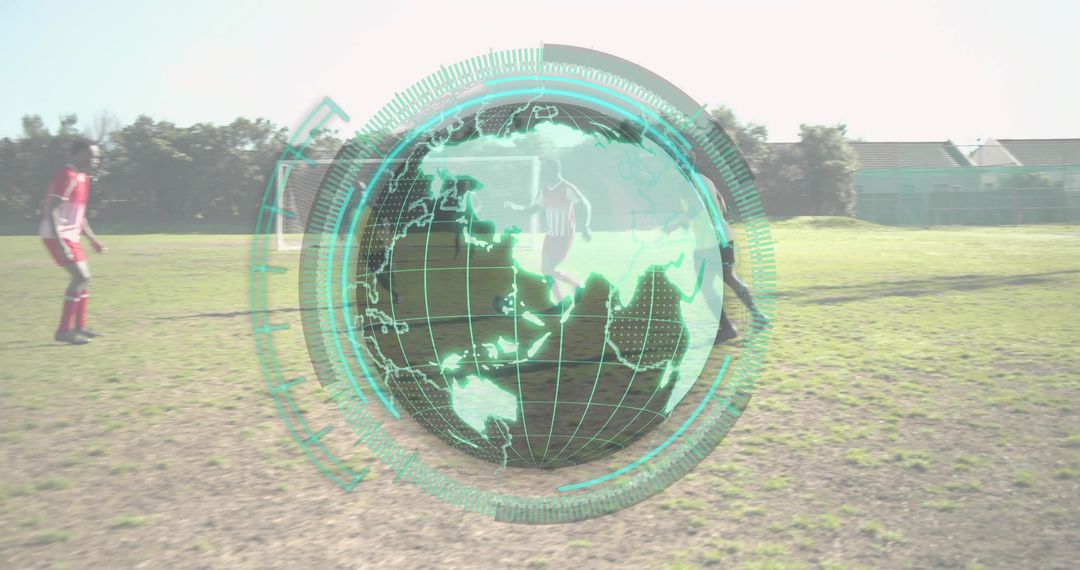 Youth soccer players running across grass field with holographic globe overlay and ball