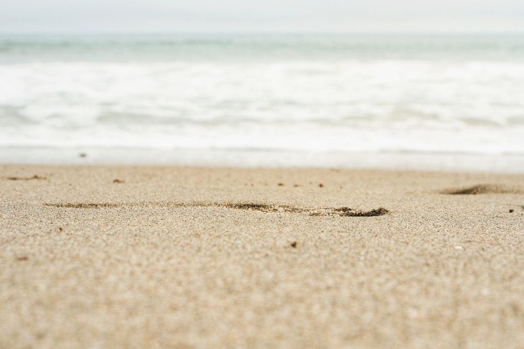 Footprints fading across golden sandy beach with soft waves and blurred horizon