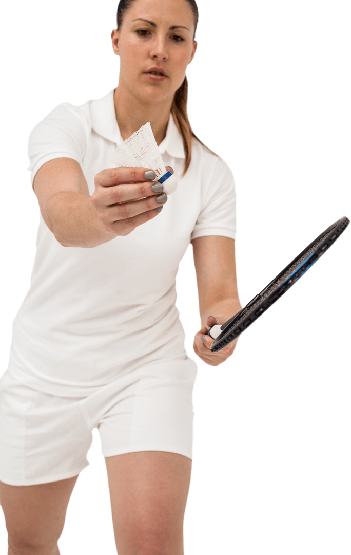 Focused Female Badminton Player with Racket on Transparent Background