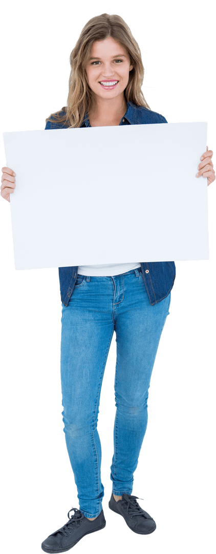 Smiling Woman Holding Blank Sign Transparent Background